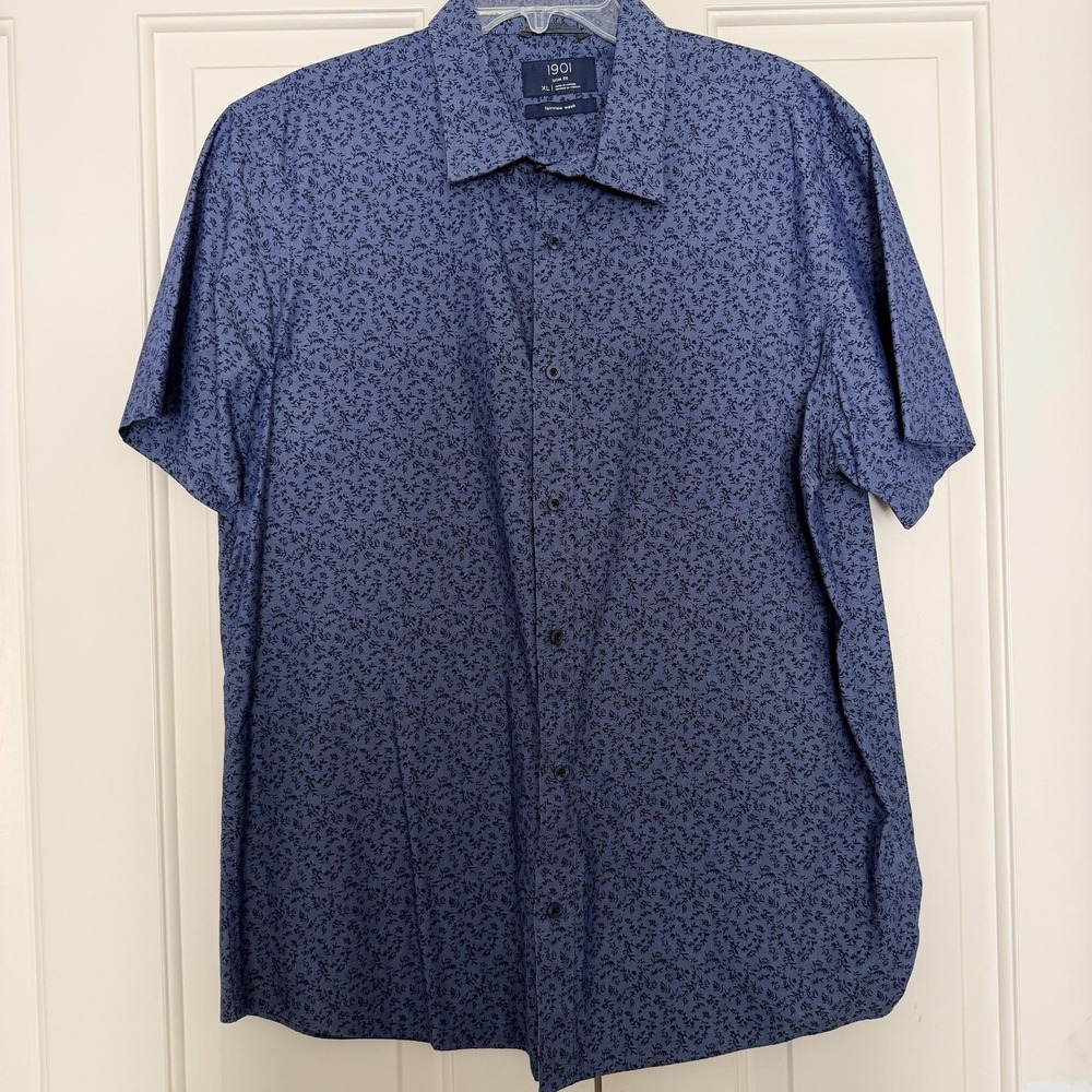 1901 Shirt Mens XL Blue Floral Short Sleeve Button Up Trim Fit Fairview Wash